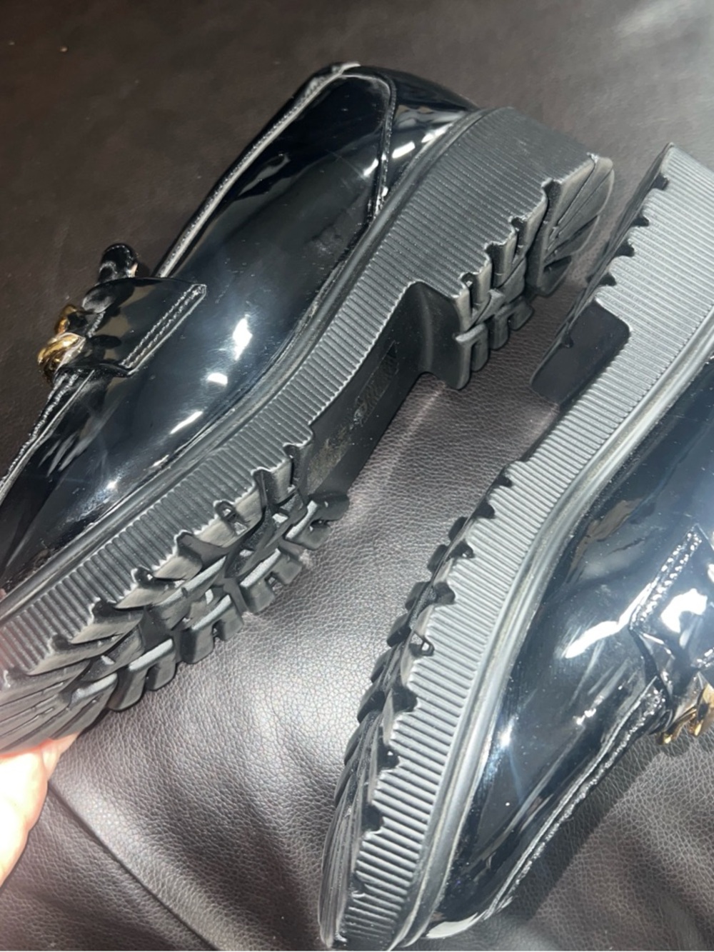 Black Patent Loafers with Gold Chain Accent - Picture 2 of 3